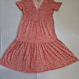 Girls' Red Floral V-Neck Tiered Dress
